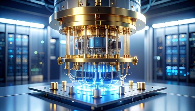 Quantum Computer Cryostat with Golden Wiring in Futuristic Laboratory Setting