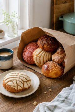 Mexican sweet bread spilling from a paper bakery bag. Colorful conchas and pan dulce on a wooden table with a plate and coffee mug. Traditional breakfast concept