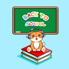 Cute Cat Wearing Headphones Sitting on Books, Back to School Vector Illustration Kawaii Animal