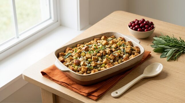 Baked bread stuffing with fresh herbs in a ceramic dish. Traditional Thanksgiving Day side dish on a wooden table near a window