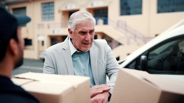 Mature, businessman and fight with delivery boxes for delay, freight issue or packing instruction. Frustrated, man or argument with courier team, backlog or stress for bad cargo or shipping mistake