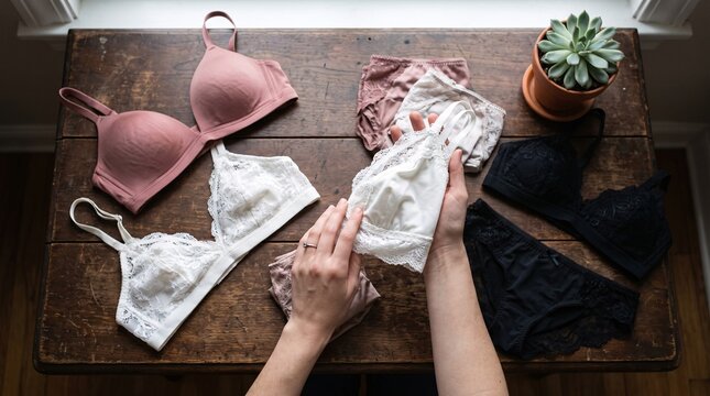 Woman holding white lace camisole surrounded by various sets of elegant female lingerie