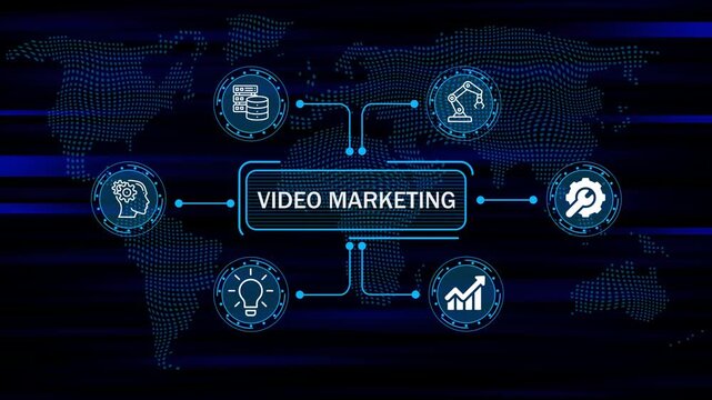 VIDEO MARKETING concept digital interface with business icons and global network and data flow futuristic technology world map background. 4k animation video 