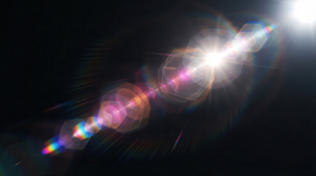 Cosmic Lens Flare Celestial Light Beam Prismatic Glow Stellar Flare in Darkness Radiant Light Streak