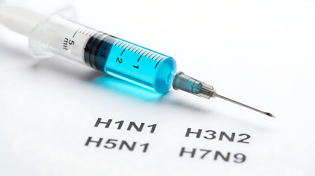 Medical Syringe With Blue Vaccine Liquid Placed Over Printed Influenza Virus Strain Names
