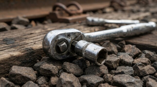 Stainless steel pipe wrench resting on crushed stone ballast for construction and repair work