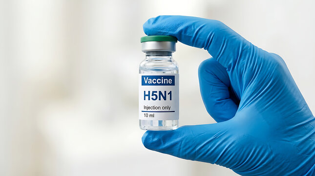 Scientist hand holding H5N1 avian influenza virus vaccine vial in medical laboratory setting