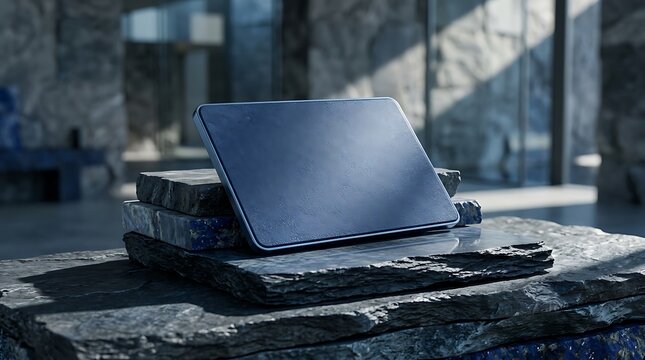 Dark matte tablet device propped up on rough stacked granite blocks inside stone lobby area.