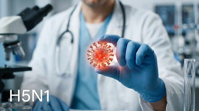 Scientist Holding H5N1 Avian Influenza Virus Model in Medical Laboratory for Research