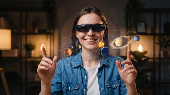 Young woman exploring a glowing digital solar system model using advanced augmented reality