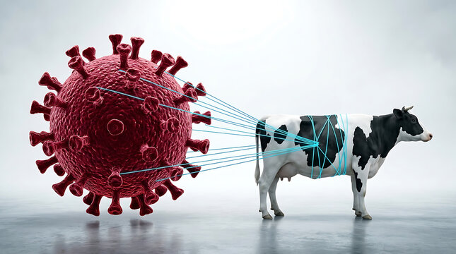 Virus particle tethered to a cow conceptual metaphor for zoonotic disease transmission