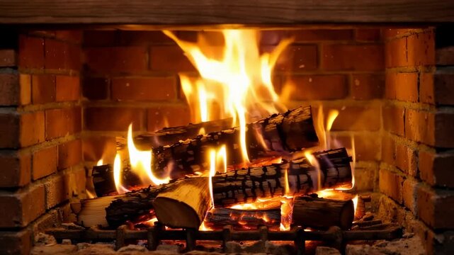 Burning wooden furniture in a rustic fireplace