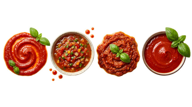 Assorted tomato sauces and salsa bowls with fresh basil leaves isolated on transparent background studio photo