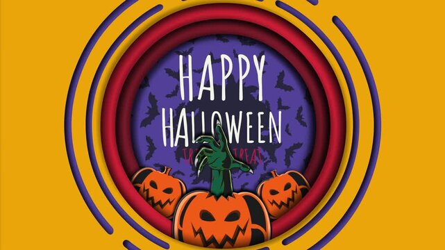 4K seamless looping 3D paper cut tunnel animation featuring green zombie hand rising from jack o lantern, flying bats and Happy Halloween typography on yellow backdrop. Spooky intro.