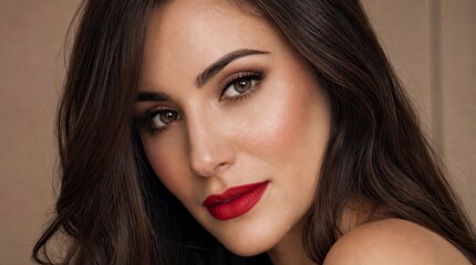 Naklejka premium Beautiful woman with red lipstick and glowing skin close up portrait