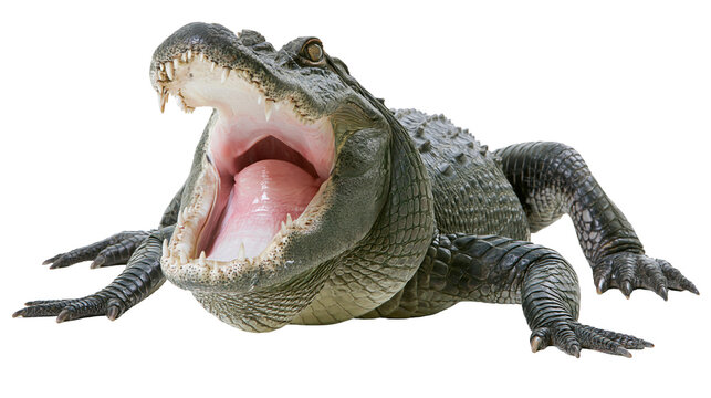 American alligator with mouth open showing sharp teeth and pink tongue