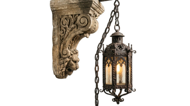 Vintage gothic style iron hanging lantern mounted on a stone corbel isolated on transparent background