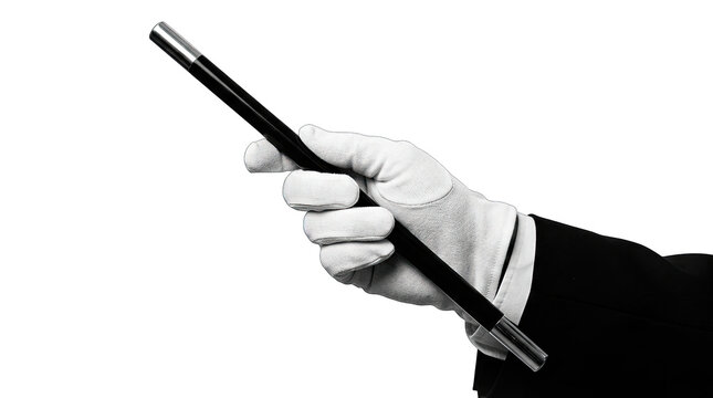 A magician hand in a white glove holding a black magic wand isolated on transparent background