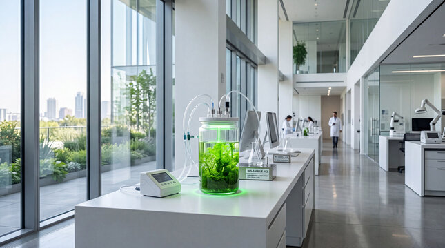 Modern biotechnology laboratory with green algae bioreactor experiment for circular economy and zero-carbon research