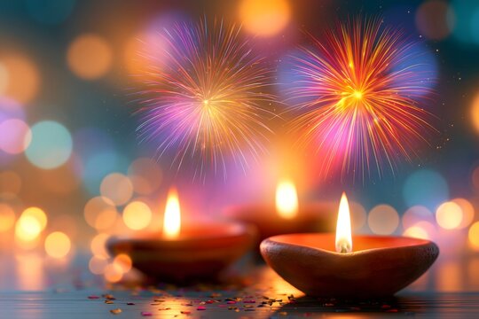 Burning Clay Diya Lamps with Fireworks for Diwali Celebration. Three traditional burning oil diya lamps in a row with vibrant blue and orange fireworks exploding in the background.