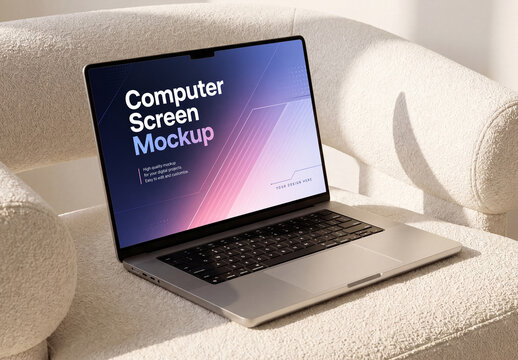 Laptop on textured armchair mockup