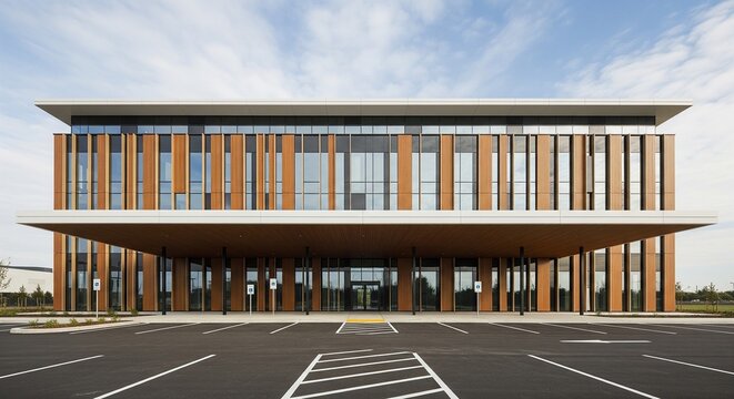 Modern office building exterior with wood composite cladding and large parking lot.