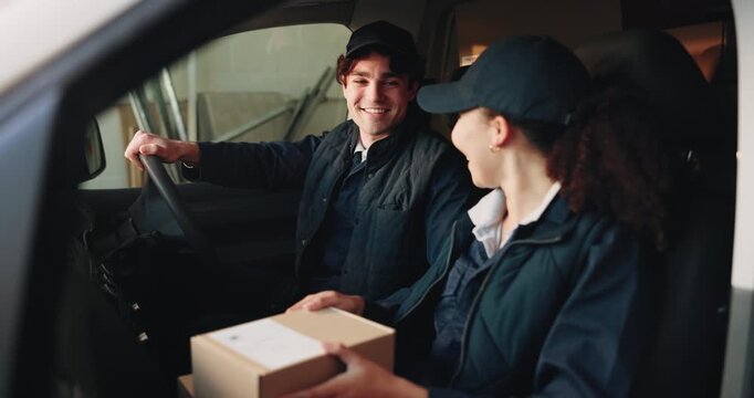 Delivery, team and fist bump in van with boxes, shipping target and collaboration for supply chain. Happy, people and courier service goals in vehicle with ecommerce package, logistics or partnership