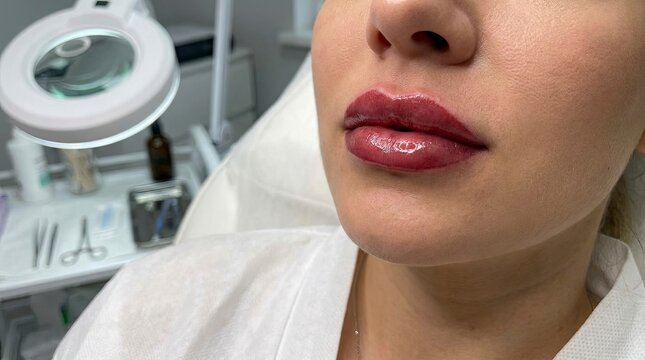 Close up shot of female lips after permanent makeup treatment in professional aesthetic clinic