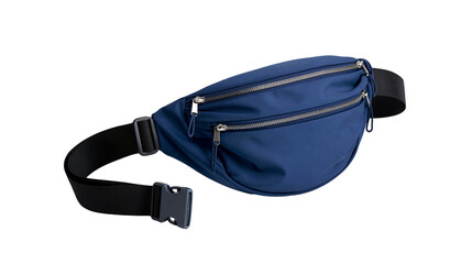 Blue nylon waist bag with two zippered pockets and black strap © Eustace