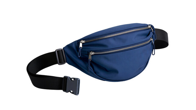 Blue nylon waist bag with two zippered pockets and black strap