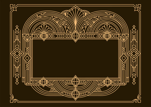 Elegant Art Deco Style Decorative Border Frame with Geometric Gold Lines and Vintage 1920s Inspired Ornamental Patterns on Dark Background