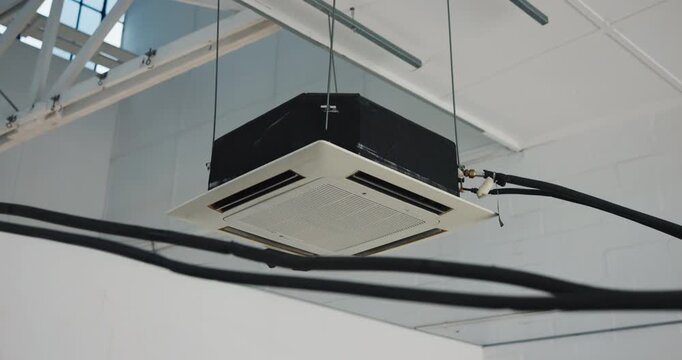 Ceiling, fan or roof with air conditioner for cooling system, control or temperature regulation. Empty, cables or installation with filter machine for clean energy, gas ventilation or circulation