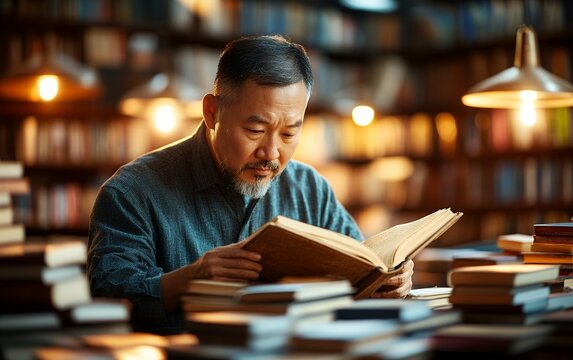 Thoughtful man immersed in reading a book in a warmly lit and cozy library full of books