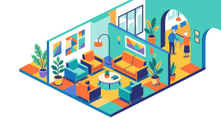 Obraz premium Isometric vector illustration of a modern senior living facility lounge with colorful armchairs, sofa, floor lamp, and potted plants, featuring an elderly couple in the background.