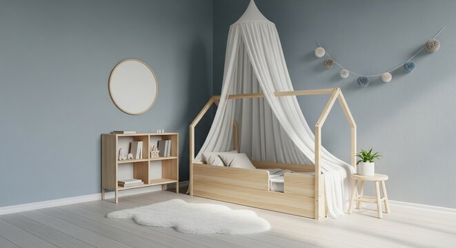 Cozy toddler bedroom interior with wooden house bed frame, white canopy, round mirror, and shelf against blue wall