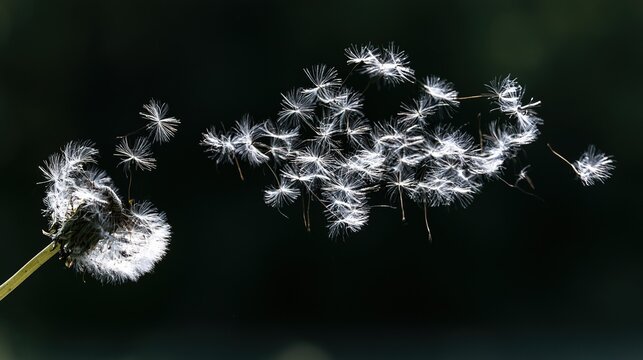 dispersal. Dandelion seed heads dispersing into the air from a green stem with strong backlight. gardening catalogs, home-decor guides, designed for home decor and floral branding.