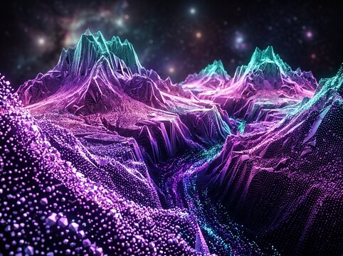 Abstract digital landscape with glowing neon mountains and particle terrain