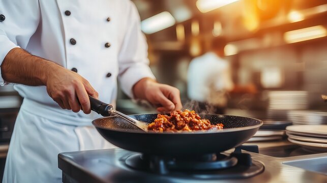 A chef skillfully preparing a delicious dish in a vibrant kitchen setting, showcasing culinary artistry and professionalism, Ideal for articles on cooking, recipes, or restaurant promotion,