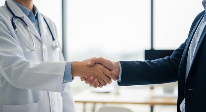 Close-up shot of a handshake between a doctor in a white coat and a client in a business suit