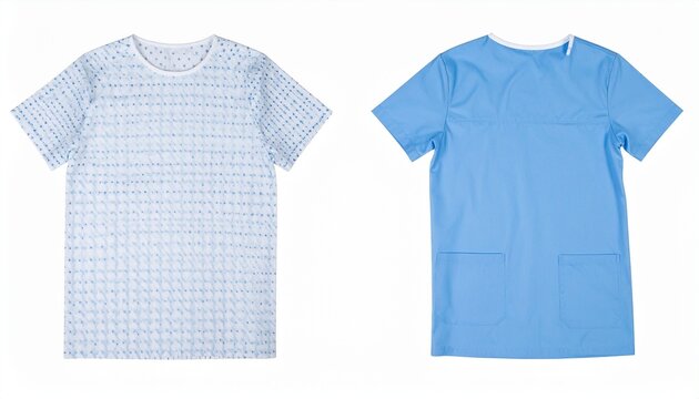 Set of medical clothing, a patterned patient gown and a blue scrub top isolated on white background