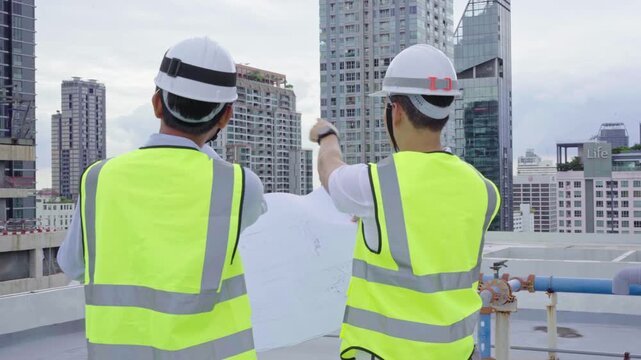 Construction and structure concept of an engineer or architect meeting for project work with a partner and engineering tools on model building and blueprint in working site