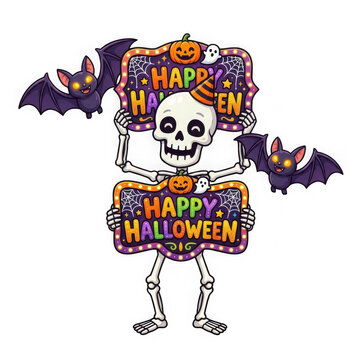 Cute skeleton character in colorful halloween costume with bat wings
