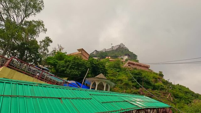 Looking Up At Sacred Hilltop Shrine And Steep Pedestrian Pathway In Himalayas