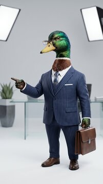 Mallard Duck Businessman in Suit Holding Briefcase in Modern Office
