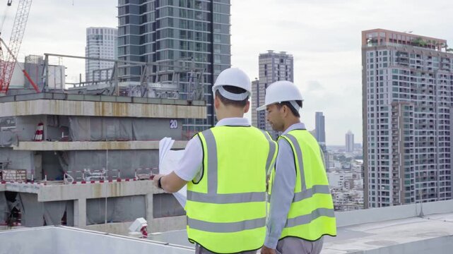 Construction and structure concept of an engineer or architect meeting for project work with a partner and engineering tools on model building and blueprint in working site