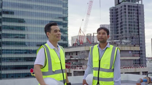 Construction and structure concept of an engineer or architect meeting for project work with a partner and engineering tools on model building and blueprint in working site