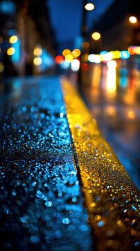 Abstract rainy city night scene with blue gold reflections on wet surface blurred traffic lights vibrant urban atmosphere moisture texture motion energy modern nightlife weather mood background