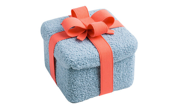 Blue textured gift box with coral ribbon and bow