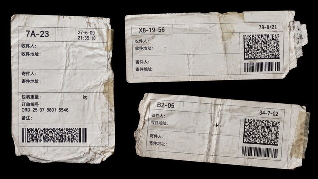 Set of worn shipping labels isolated on black background