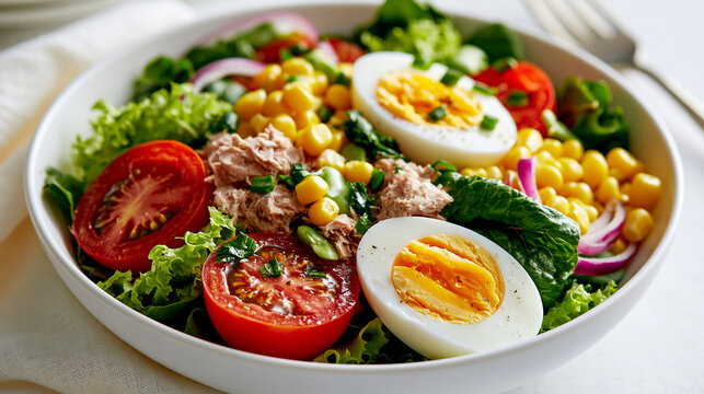 Fresh tuna salad with boiled eggs, corn, and tomatoes isolated on white background. Healthy food photography concept.